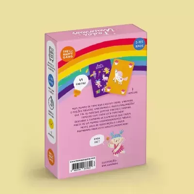 Caixa rosa de jogo de cartas com faixa arco-íris e ilustrações de fadas