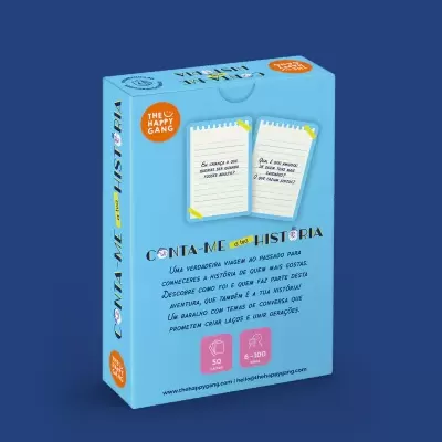 Caixa azul de jogo de tabuleiro CONTA-ME a tua HISTÓRIA da marca THE HAPPY GANG