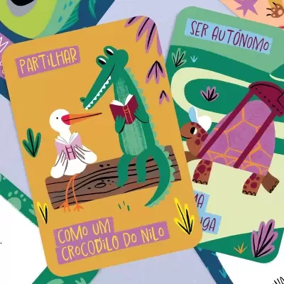 Cartões ilustrados com animais e textos em português sobre partilhar e autonomia