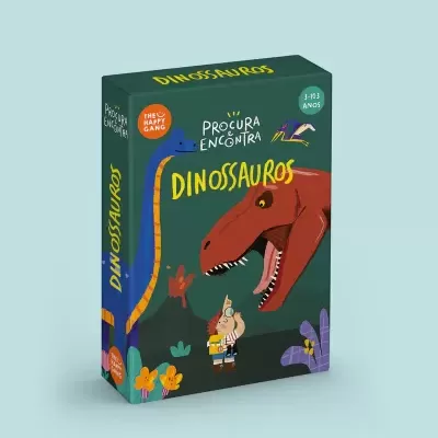 Embalagem do jogo 'Procura e Encontra Dinossauros' com dinossauros e personagem animado em fundo verde