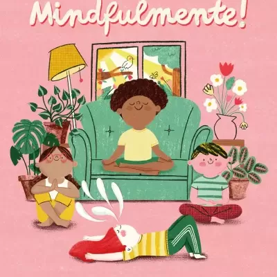 Ilustração de crianças a praticar mindfulness numa sala com texto motivacional em português.