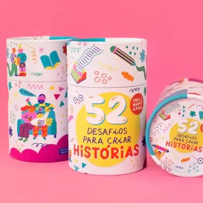 Recipientes cilíndricos coloridos com texto 52 Desafios para Criar Histórias.