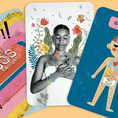 Cartas educativas coloridas com ilustrações e fotografia de mulher segurando flores