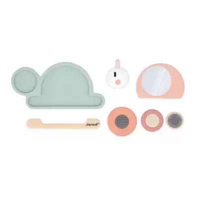 Conjunto de acessórios para criança em cores verde-água, rosa salmão e bege