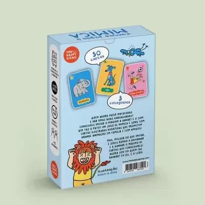 Caixa azul de jogo de cartas THE HAPPY GANG com ilustrações de animais e texto em português.