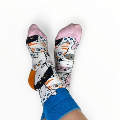 Meias com padrão de gatos coloridos em fundo branco