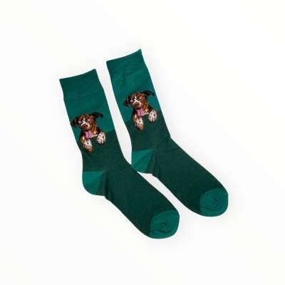 Meias verdes com imagem bordada de cão
