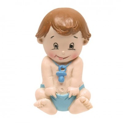 Figura decorativa de bebé com fralda e chupeta azul.