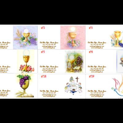 Cartões com símbolos religiosos como cálices, uvas e pombas em cores pastéis.