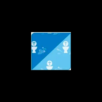 Ícones cristãos brancos em fundo azul e turquesa com padrão floral.