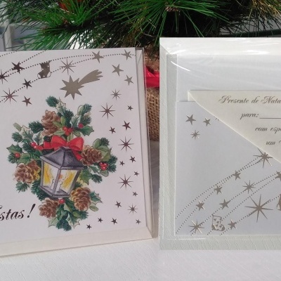 Cartões de Boas Festas com envelope branco e decoração dourada