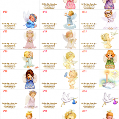 Ilustrações coloridas de anjos bebês com mensagens personalizáveis sobre fundos brancos