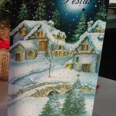 Cartão de Natal com aldeia nevada, árvores decoradas e texto Boas Festas