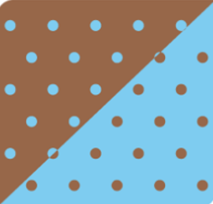 Tecido com padrão de bolinhas azuis claras e castanhas em fundos castanho e azul claro.