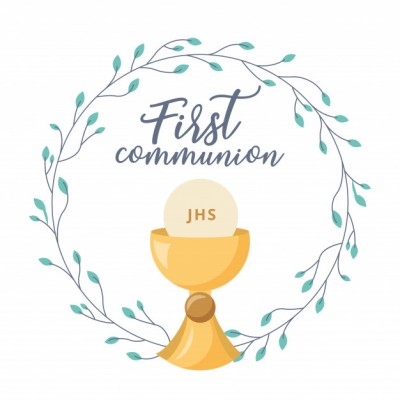 Ilustração de cálice dourado com hóstia e texto First Communion rodeado por ramos verdes