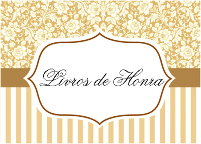 Cartão decorativo com padrão floral dourado, riscas verticais douradas e texto 'Livros de Honra' em cursiva