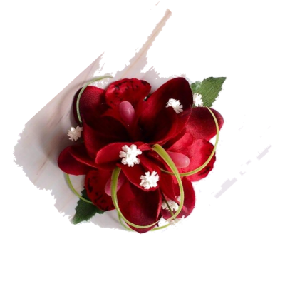 Flor artificial vermelha com detalhes verdes e brancos