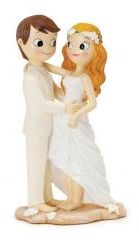 Figuras de noivos em resina, vestido branco, base bege