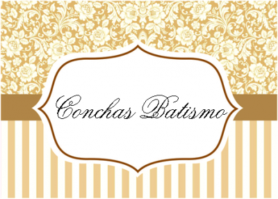 Etiqueta decorativa em bege e branco com texto 'Conchas Batismo'
