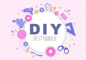 Ilustração com texto 'DIY DO IT YOURSELF' e ícones de trabalhos manuais em fundo rosa.