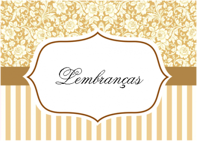 Etiqueta decorativa com a palavra 'Lembranças' em fundo floral e riscas douradas