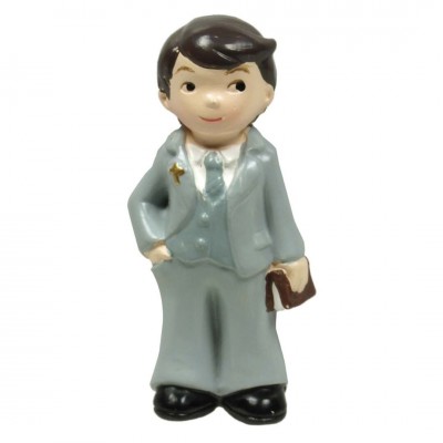 Boneco decorativo de menino com fato cinzento e livro na mão