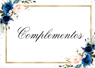 Cartão com borda dourada, flores azuis e rosa e texto 'Complementos'