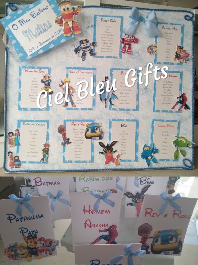 Quadro de festa infantil com listas de nomes e personagens animados, decoração azul e branca, pequenas placas com nomes e desenhos.
