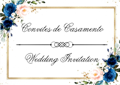 Convite de casamento branco com flores azuis e rosas e texto cursivo