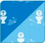 Ícones cristãos brancos em fundo azul e turquesa com padrão floral.