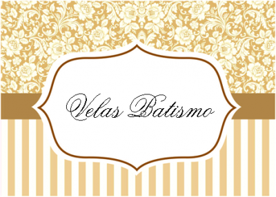 Etiqueta decorativa com texto 'Velas Batismo' em padrão floral e riscas bege e branco