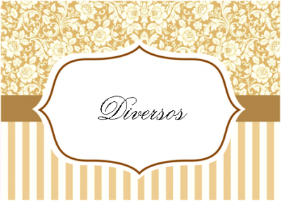 Rótulo decorativo com texto Diversos e padrões florais e riscas douradas