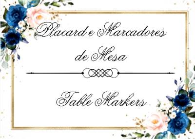 Cartão decorativo com moldura dourada, flores e texto cursivo preto