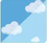 Nuvens brancas sorridentes em fundo azul claro dividido em diagonal