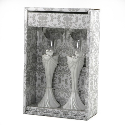 Conjunto de duas taças decorativas com suporte de casal em resina branca em embalagem decorativa