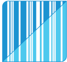 Código de barras estilizado azul e branco com triângulo no canto