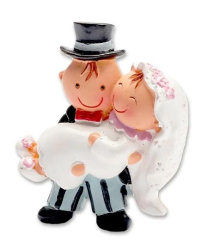 Figuras de noivos em miniatura, detalhes em branco, preto e cor-de-rosa