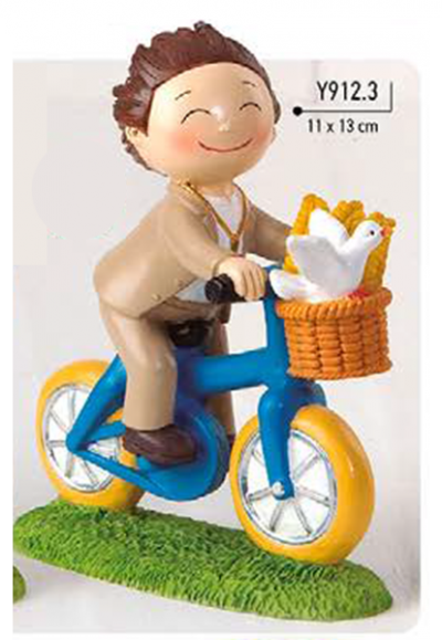 Figura decorativa menino em bicicleta azul com cesta com pássaro branco