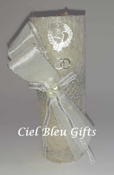 Cilindro decorativo prateado com laço e texto Ciel Bleu Gifts