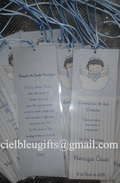 Marcadores de livros para Baptismo com anjinhos e texto em português