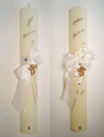 Duas velas decorativas brancas com laços e anjos dourados, rotuladas A e B