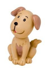 Figura decorativa de cão amarelo com manchas castanhas sentado