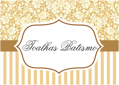 Design decorativo para toalhas de batismo com padrões florais e riscas em tons castanho e creme.