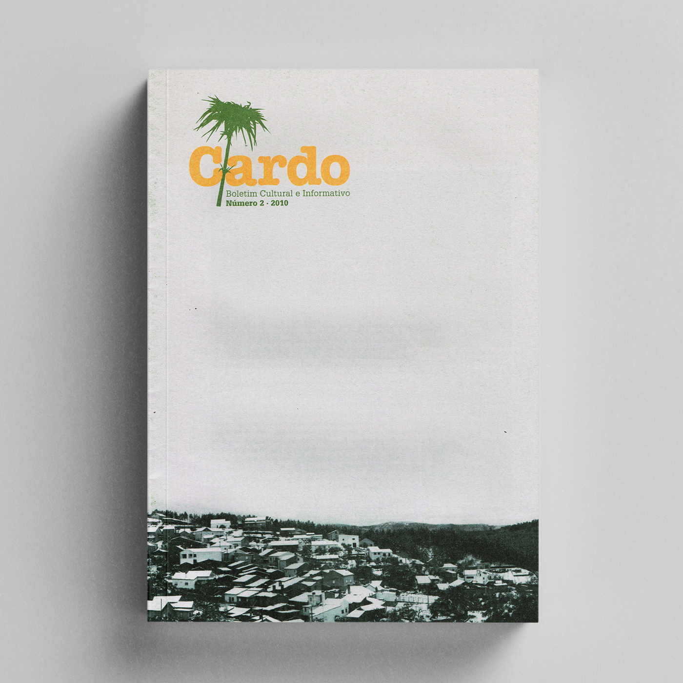 Cardo Capa de revista branca com texto verde e laranja e imagem preta e branca de cidade