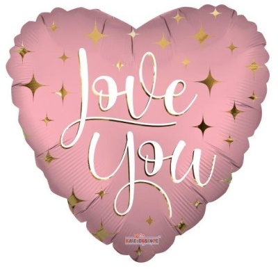 Balão cor de rosa em forma de coração com texto Love You branco e estrelas douradas