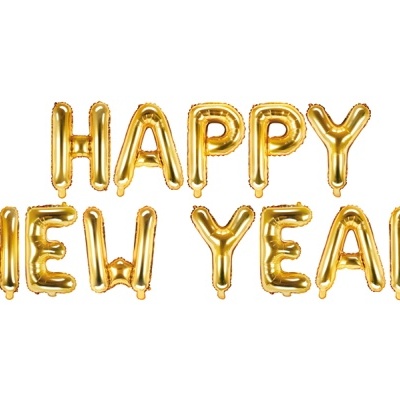 Balões dourados com letras HAPPY NEW YEAR