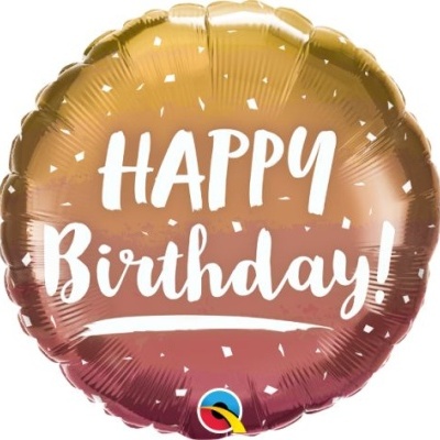 Balão metálico redondo com texto 'HAPPY Birthday!'