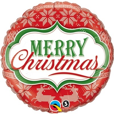 Balão redondo vermelho com padrão de malha branco e texto Merry Christmas em verde e vermelho
