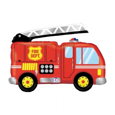 Balão em forma de camião de bombeiros vermelho com escada extensível e texto FIRE DEPT.