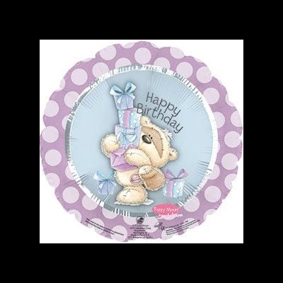 Balão de aniversário com ursinho e presentes sobre fundo lilás com bolas